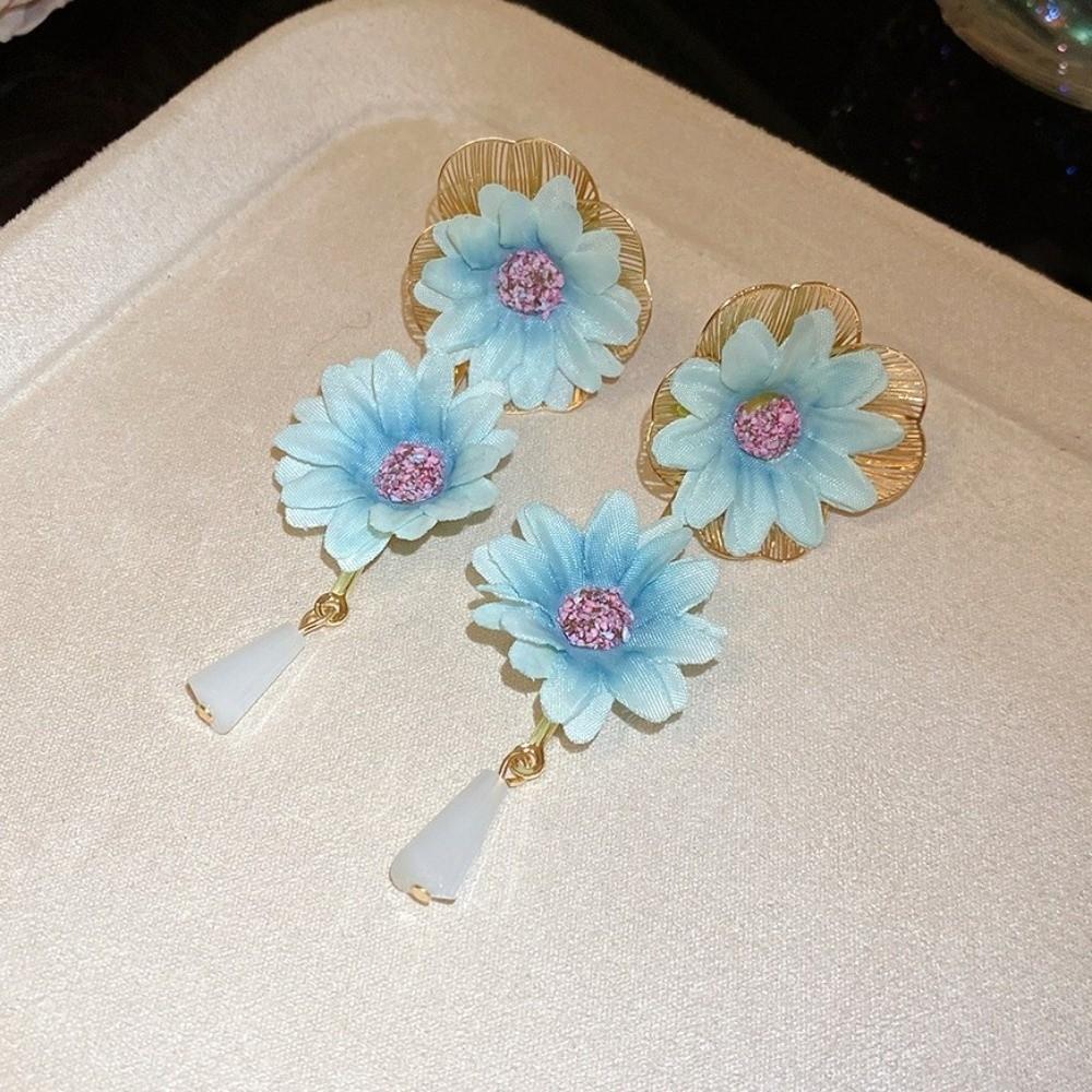 Colorful Fabric Flower Earrings Glass Crystal Drop Earrings Floral Pendant Earrings  Women Jewelry