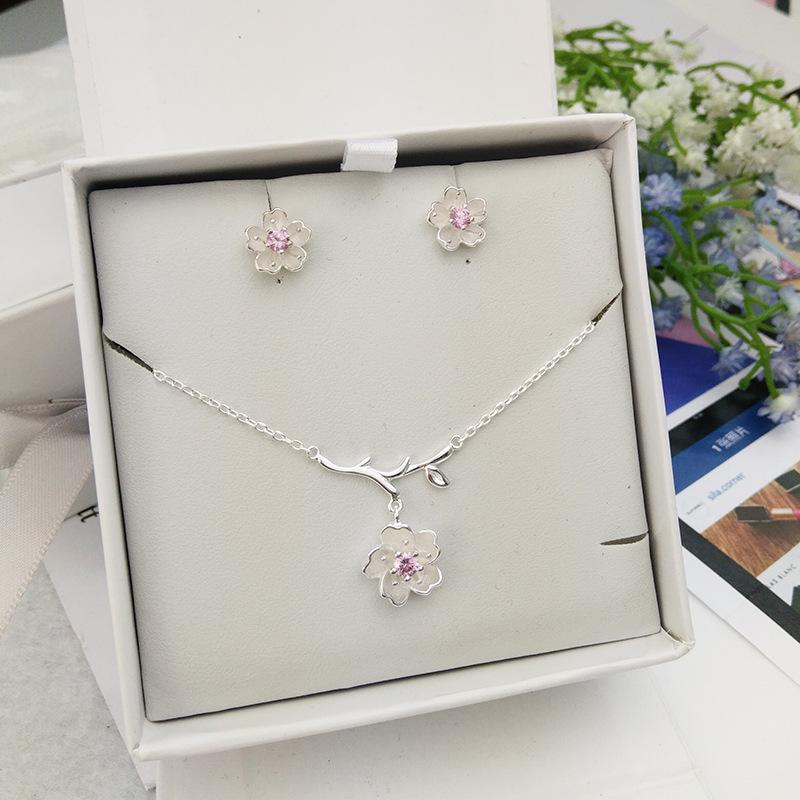 Silver Cherry Blossom Branch Necklace - Simple Flower Pendant for Women