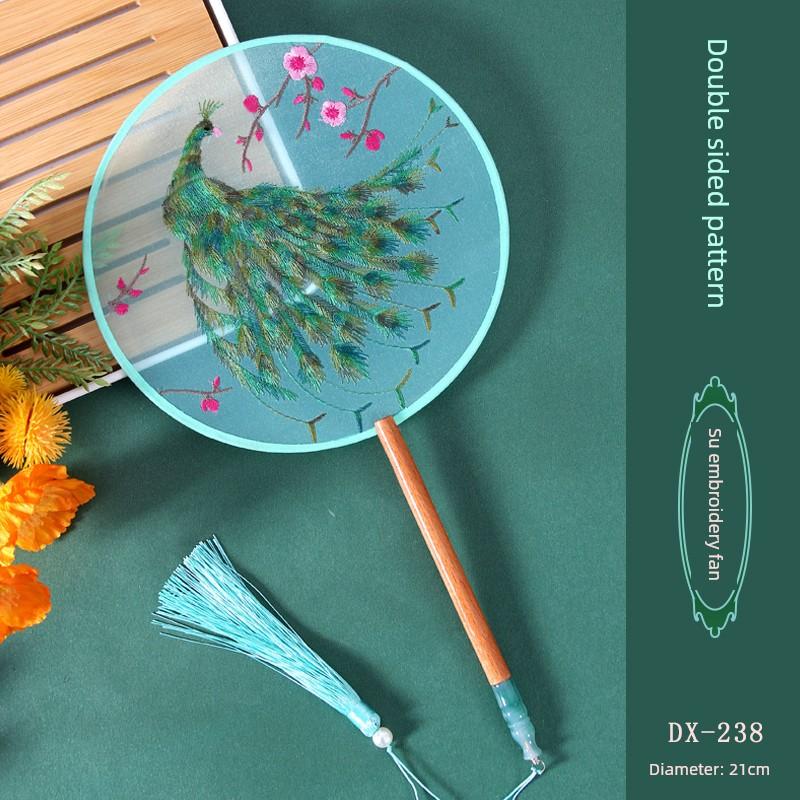 Antique Embroidery Circular Fan Chinese Style Cheongsam Fan Women's Double-Sided Embroidered Transparent round Long Handle Ancient Chinese Clothing