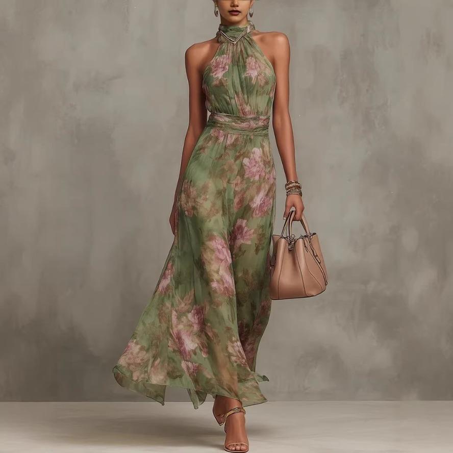 YYFS Abiti casual senza maniche con stampa floreale, a vita alta, con scollo a V, alla moda estiva da donna