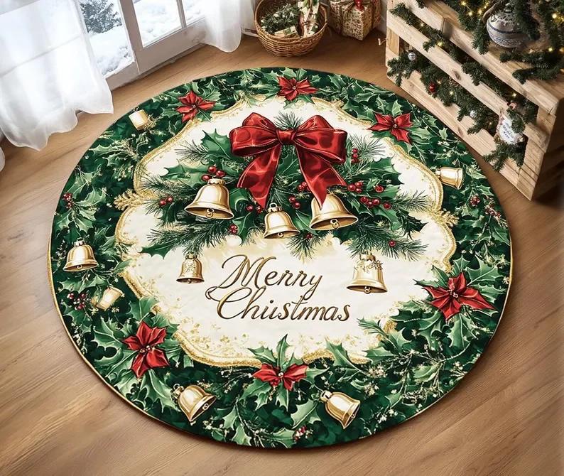 Christmas Tree Round Rug Snowflake Decor Xmas Area Rug Bedroom Living Room Carpet Decoration for The New Year