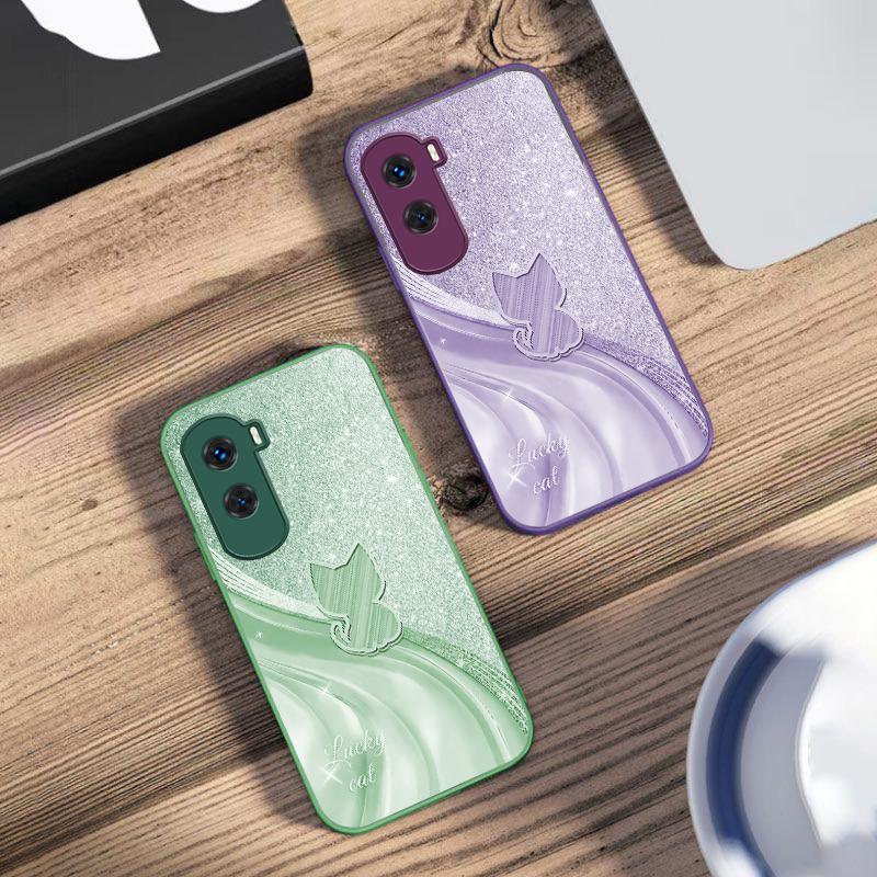 Sparkling Diamond Cat For Honor 200 90 8X 9X Pro Lite P50 P40 Nova 10 11i P60 Magic4 6 Mate 20 50 Tempered Glass Phone Case