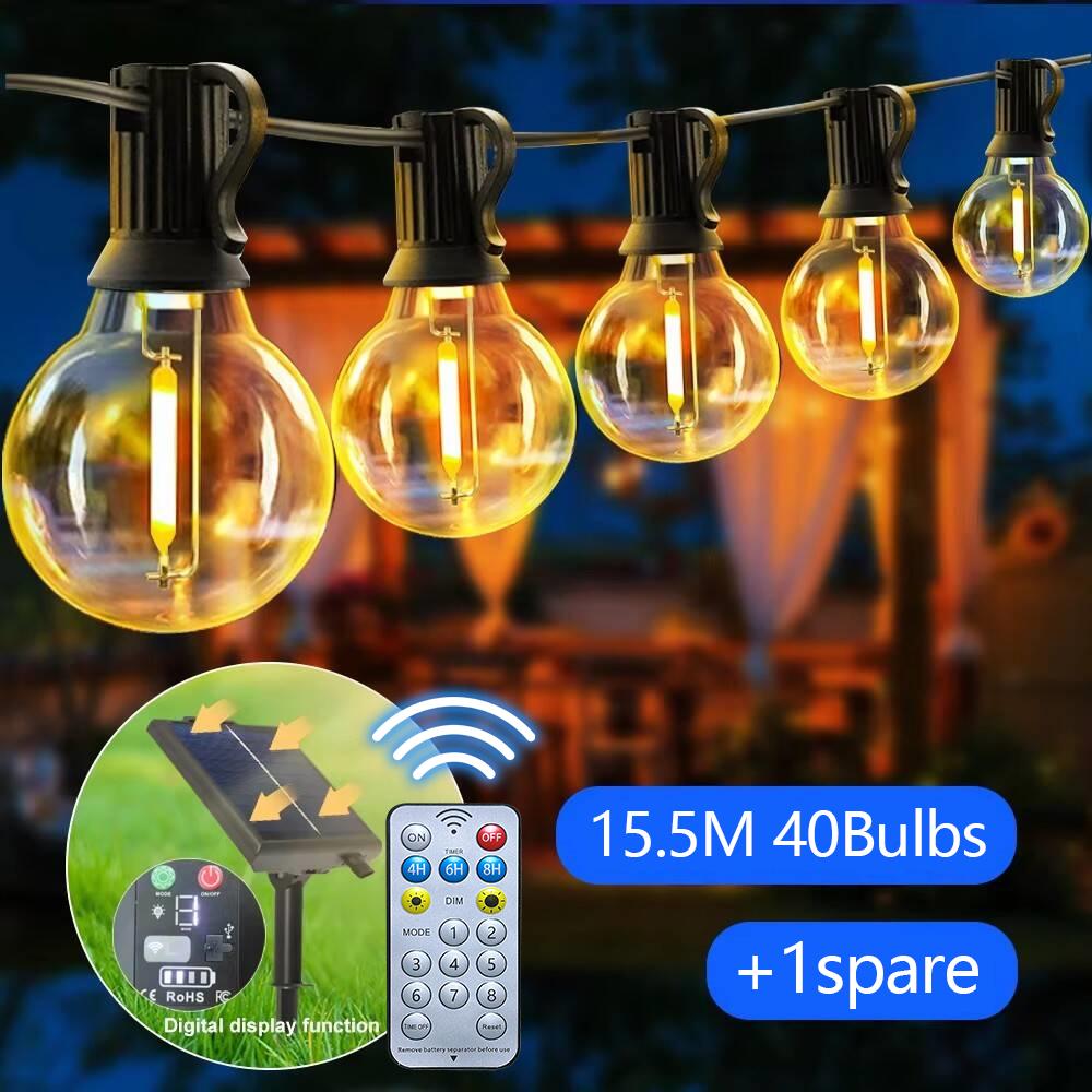 Solar G40 Outdoor String Lights with Remote Controls LED Shatterproof Globe Bulb IP65 Waterproof Patio Light for Garden Decor
