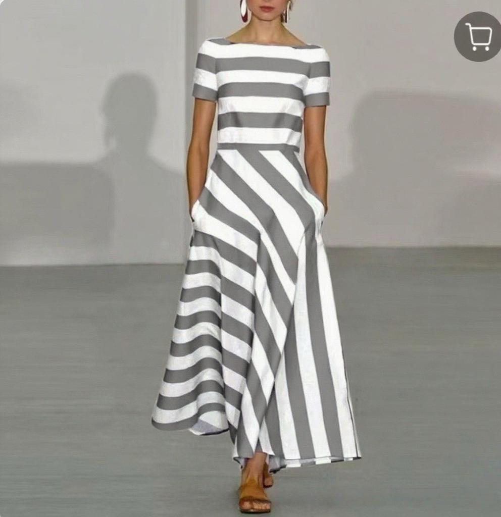 Casual Striped Long Dress With Elastic Polyester Fabric For Spring Daily Wear