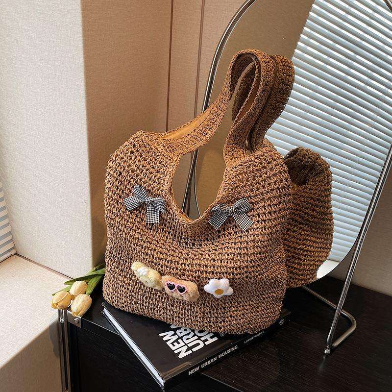 Cute Woven Straw Beach Bag Women's New Seaside Leisure Vacation Large Capacity Shoulder Tote Bag