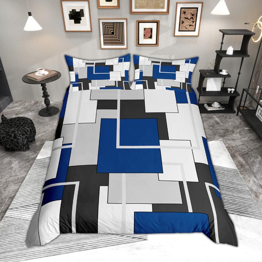 Homewish Modern Geometric Duvet Cover Set, Aesthetic Square Plaid Bedding, Abstract Minimalist Quilt Cover Set