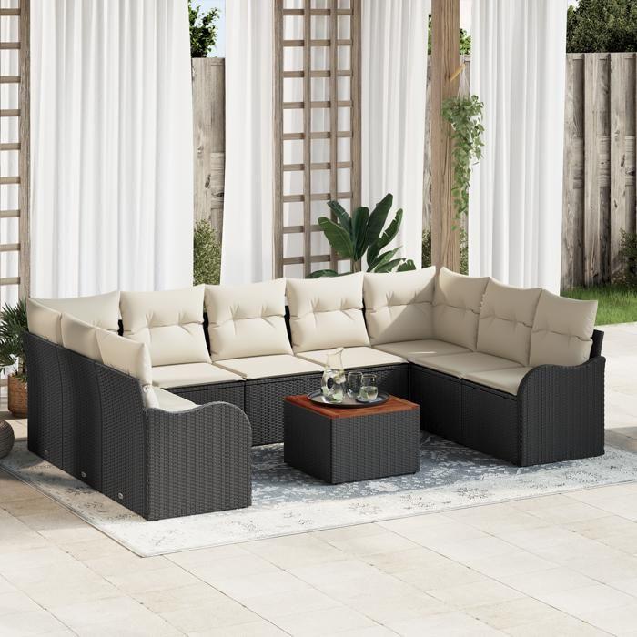 Canapé jardin 10 pièces avec coussins noir poly rotin, Canapé jardin 2 places avec coussins noir poly rotin 3347495