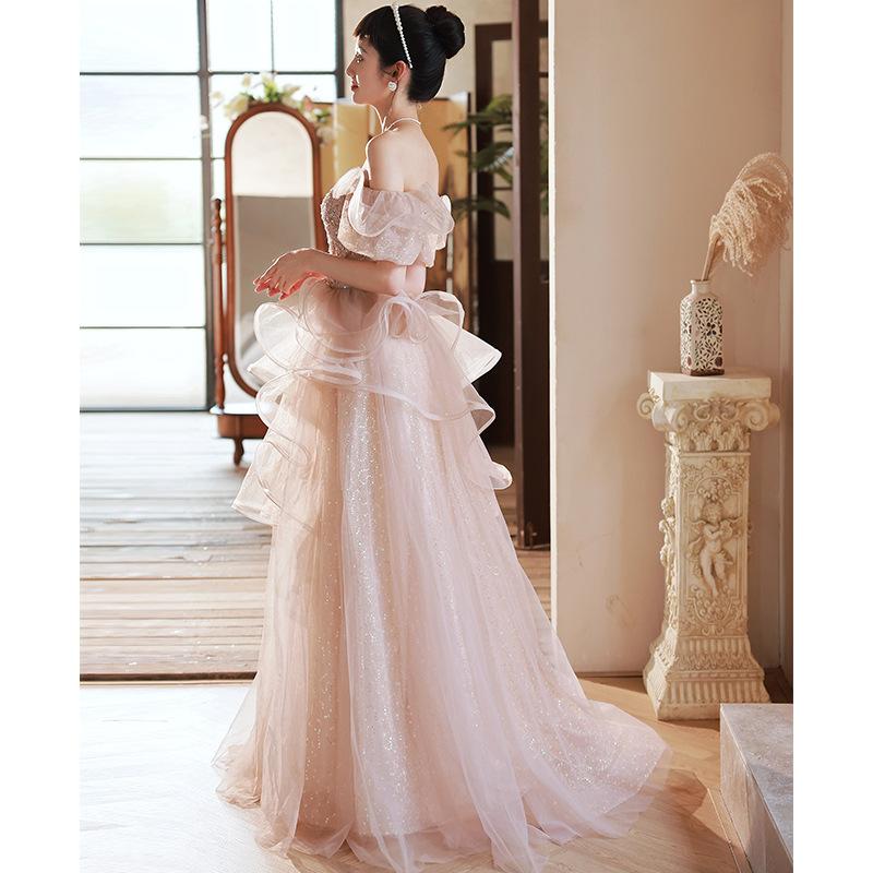 Pink Evening Dress 1011 New Celebrity Temperament Super Fairy Engagement French Shoulder Dress Fairy Bridesmaid Dress Woman