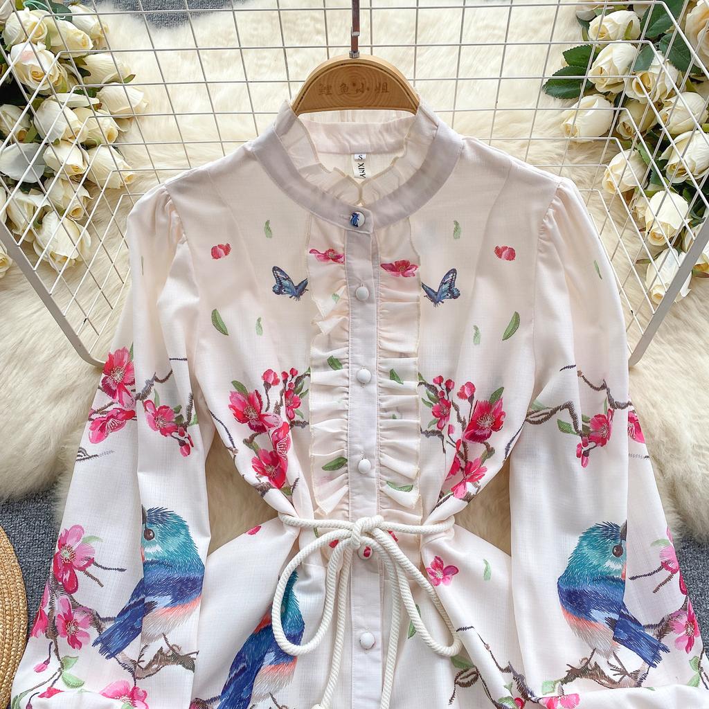 French Chic Retro Vestidos Female Long Sleeve Printed A-line Bodycon Dress Spring Lace-up Pleated Dresses Button Dropshipping