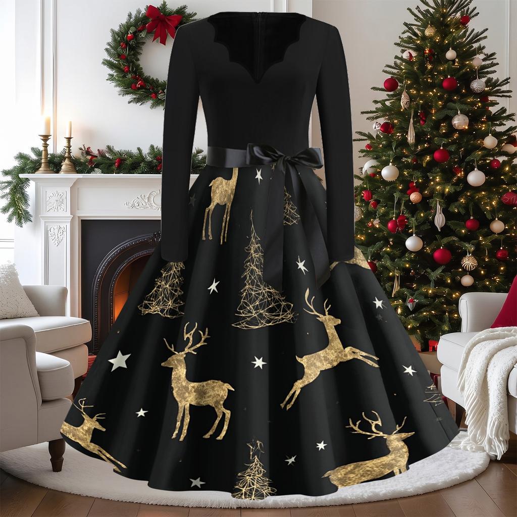 Women's Vintage V-Neck Long Sleeve Christmas Print Casual Dress