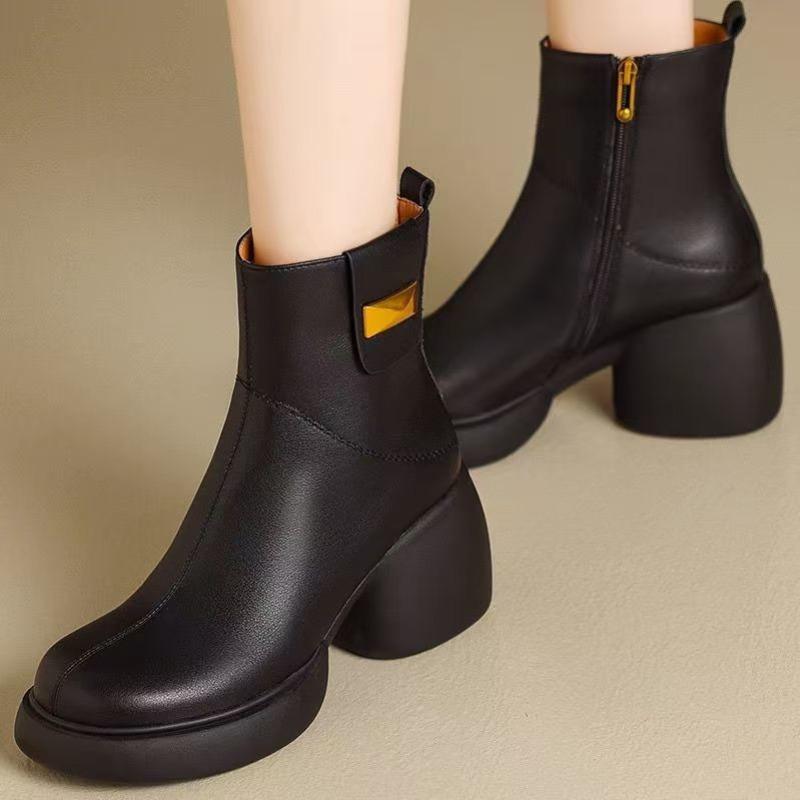 Chunky Round Toe Woman Short Shoes Autumn Winter Leather Booties Elegant with Medium Heels Ankle Boots for Women New in Pu Boot