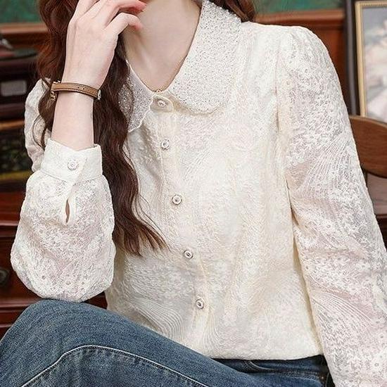 Elegante Camisa de Renda com Gola de Boneca e Miçangas Francesas - Top Bordado de Manga Longa Estilo Primavera