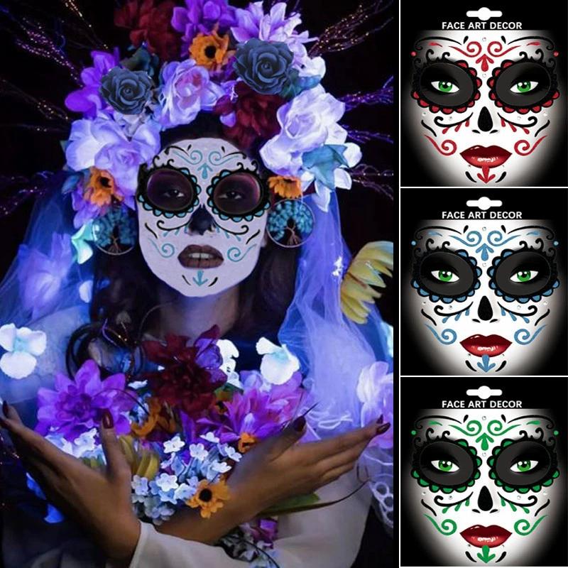 Mexico Day of the Dead Luminous Facial Tattoo Sticker Halloween Party Decoration Halloween Dress Up Day of the Dead DIY Party