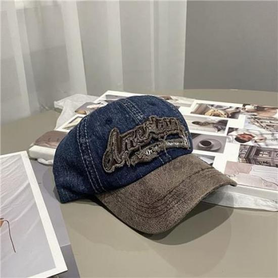 American retro lettered distressed baseball cap for couples, versatile sun hat, large head circumference, makes the face look smaller, denim baseball