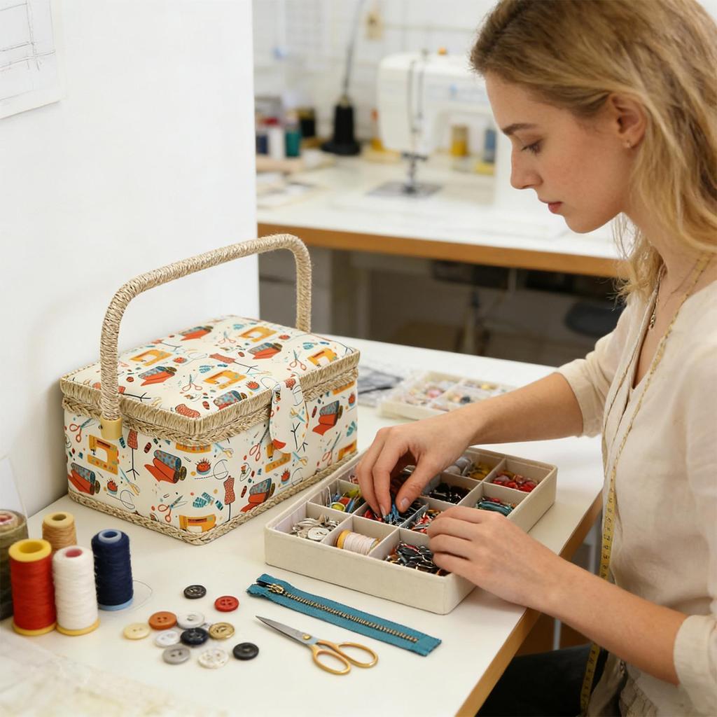 Sewing Basket Organizer Multi-Compartment With Removable Tray Handle Vintage Sewing Basket Portable Case For Thread Needles