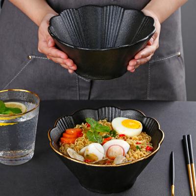 Japanese Matte Hat Bowl Household Rice Bowl Soup Bowl Black Underglaze Color Noodle Bowl Gold Edge Petal Ceramic Bowl