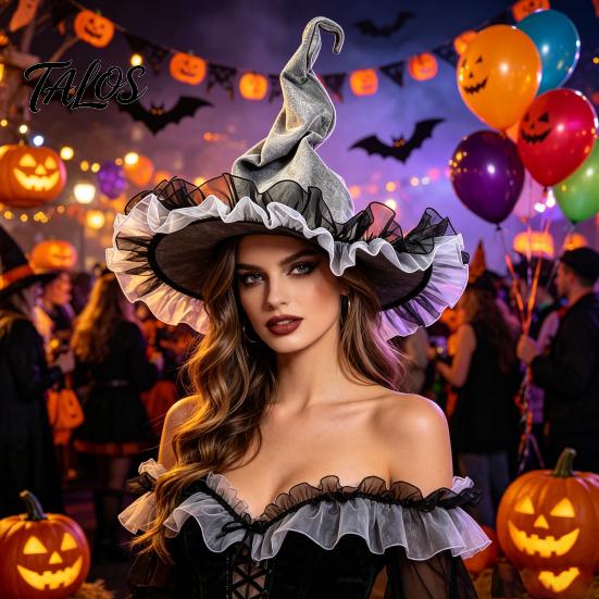 Non-itchy Halloween Hat Women's Large Ruched Witch Hat, Felt Wizard with Photo Prop Ruffle/Flowers/Mesh, Adults Cosplay Costume for Party, Masquerade