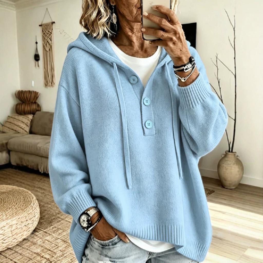 Women's Color Long Sleeve Hooded Button Loose Sweater Top