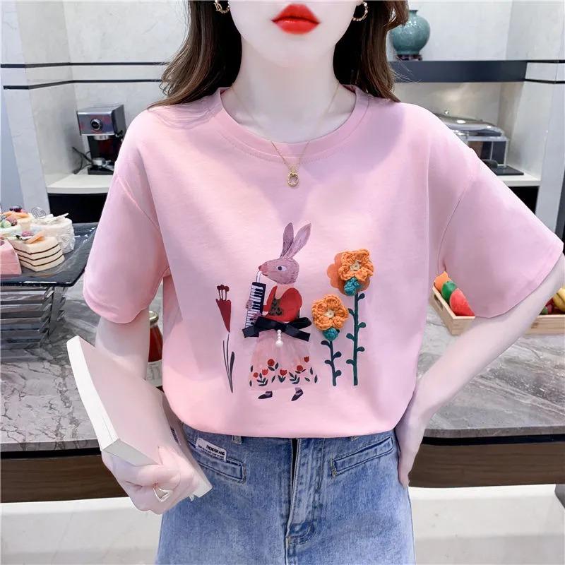 

Women s Pink Solid Color Rabbit Pattern Short Sleeve Blouse S розовый