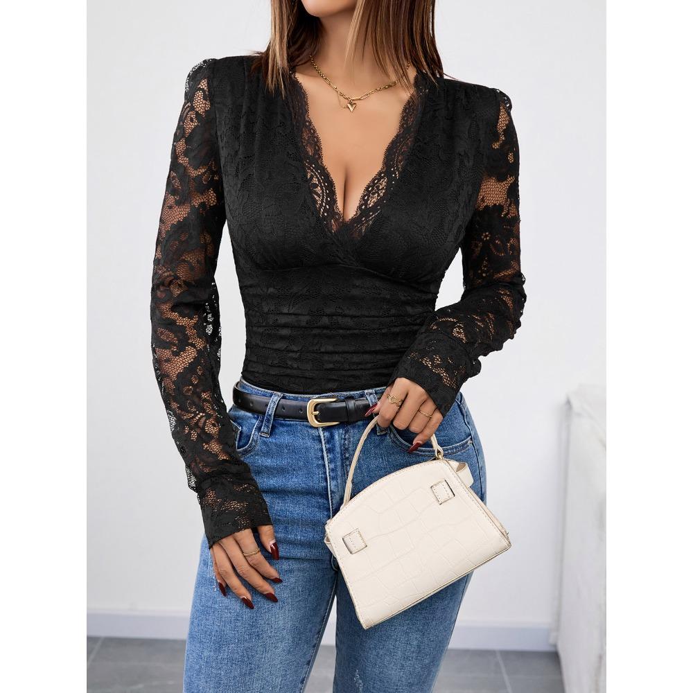 Autumn New Cross-border Sexy Elegant Style Lace Waist Cinched V-neck Black Temperament Top