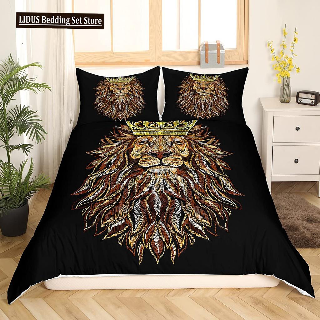 Lion Rose Duvet Cover Sets King Size Animal Floral Print Polyester Comforter Cover Nature Theme Bedding Set For Kids Adult Teens