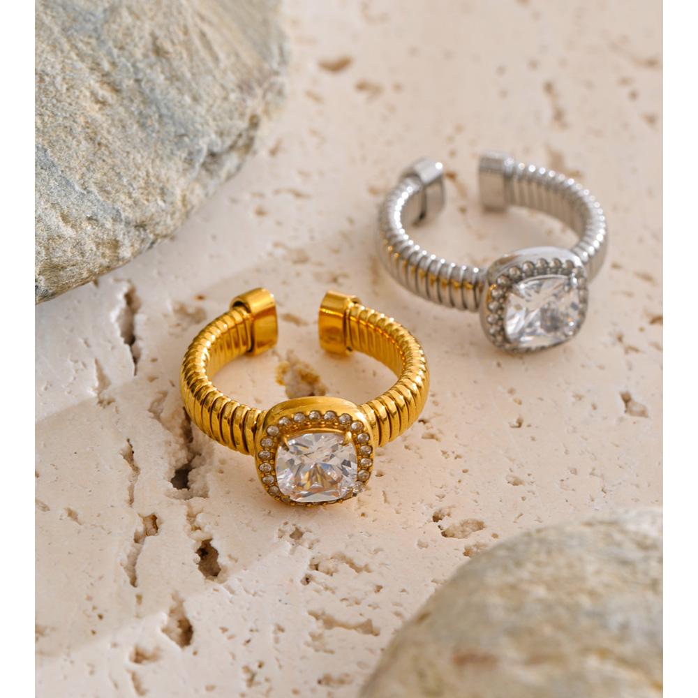 Eetit Stainless Steel Open Ring Finger Jewelry Fashion Square Cubic Zirconia Adjustable Ring for Women 18K Golden PVD Plated