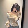 Temperament versatile bow one-word off-shoulder long-sleeved T-shirt slim-fitting and thin lace one-shoulder suspender design top