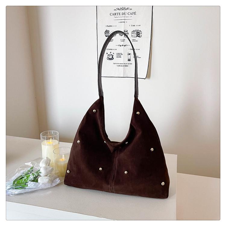 Simple Thread Design Women Faux Suede Shoulder Bags Rivet Large Capacity Ladies Handbags Commuter Female Underarm Tote Bag