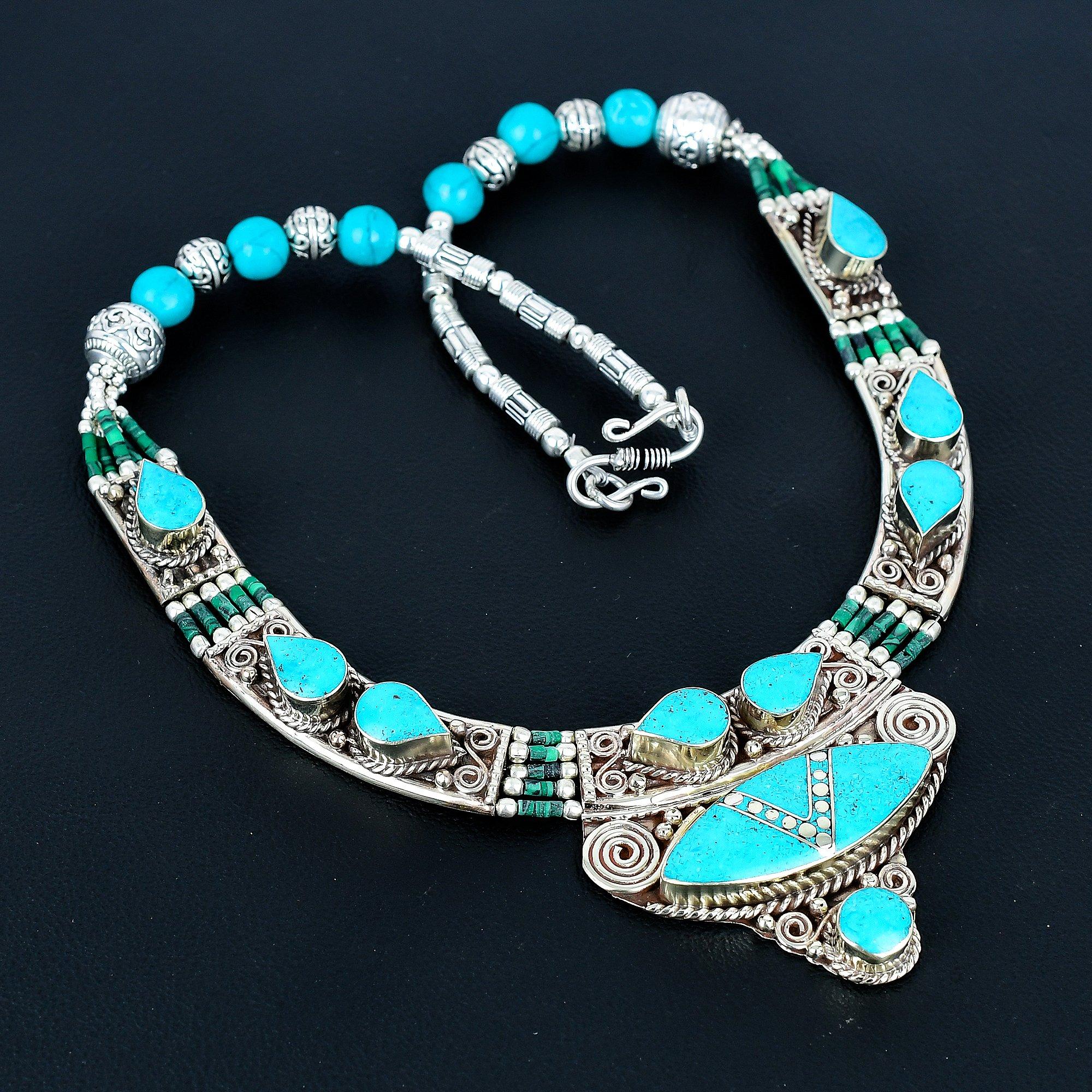 

Спящая бирюза Ожерелье из стерлингового серебра 925 пробы Ожерелье из тибетского серебра Богемное антикварное ожерелье Украшения ручной работы Непальское ожерелье Подарок для жены 20 синий