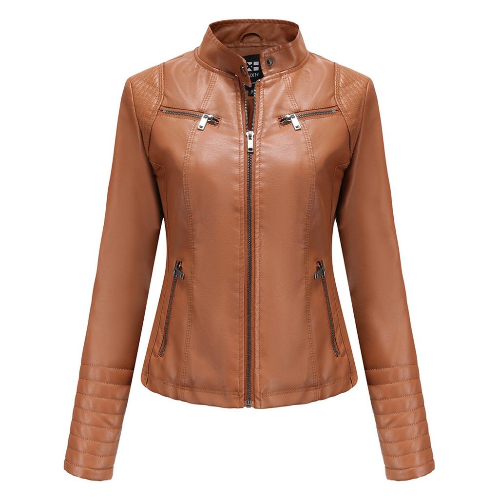 Women's Slim Leather Stand-Up Collar Zipper Stitching Solid Color Jacket