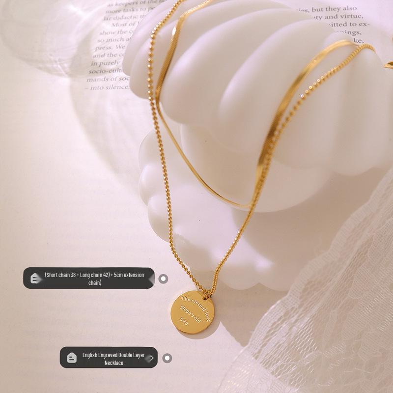 Versatile European American Temperament Hoodie Necklace: English Letter Pendant Double-Layer Gold-Plated Titanium Steel Chain.