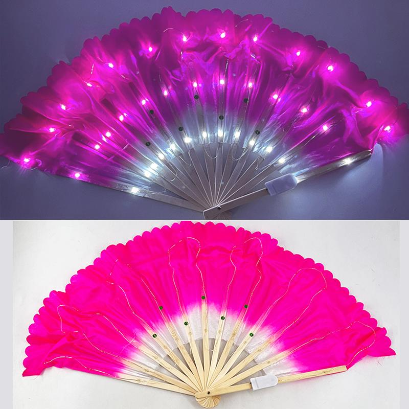 10 Inch Glowing Dance Fan Fluorescent Chinese Silk Folding Hand Fan for Dancing Party Stage Performance Supplies