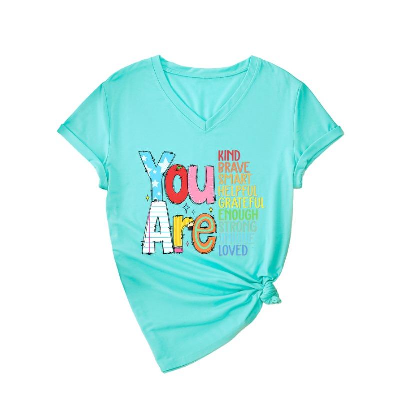 Summer V-neck Inspirational Text Printed Top Fashionable Casual Short Sleeved Women's T-shirts