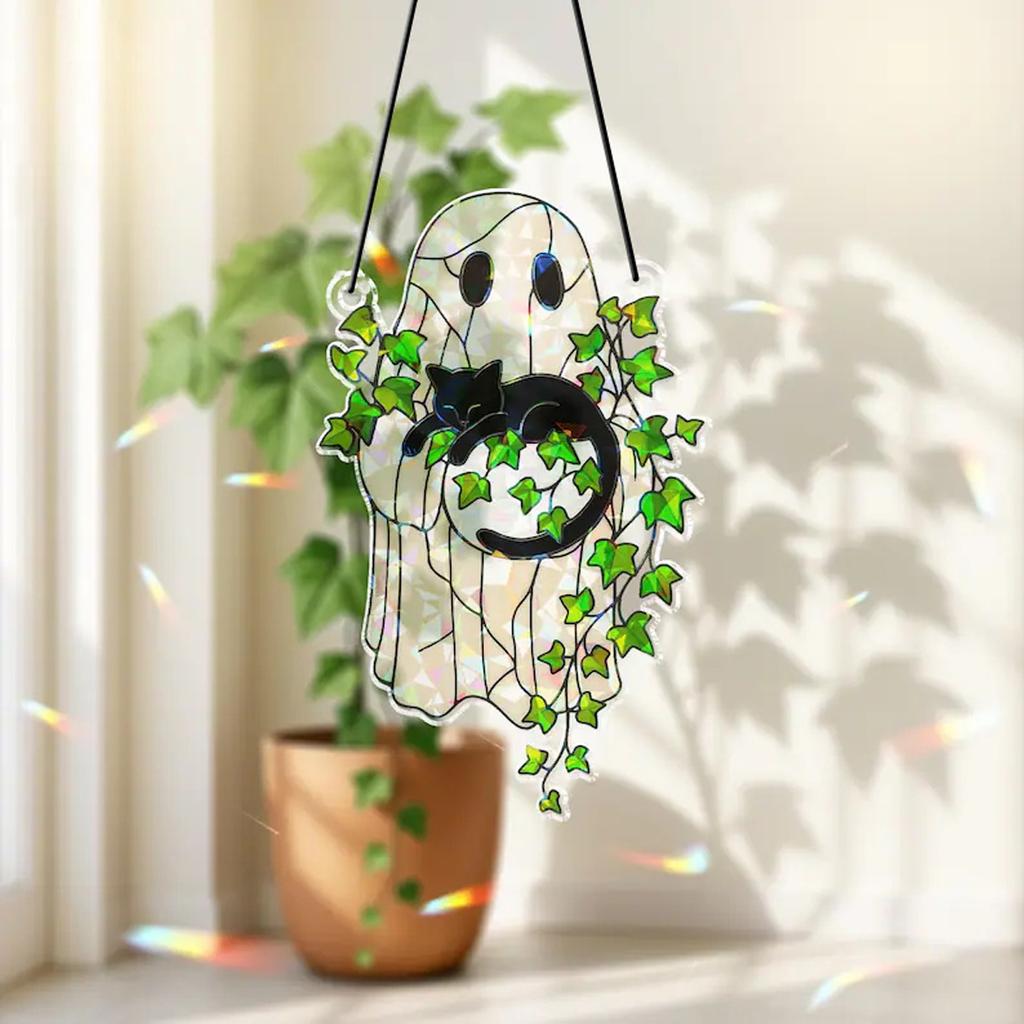 Cute Halloween Ghost Hanging Decor Window Ornament Acrylic Suncatcher with Black Cat & Green Leaf Wall Pendant for Home & Party