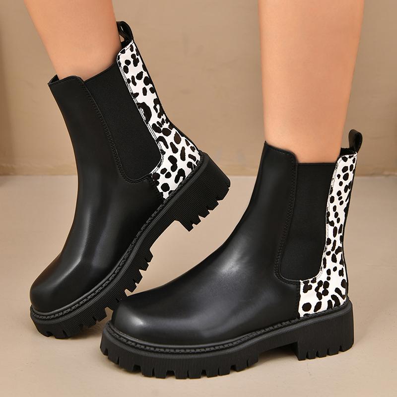 Plus Size Fashion Leopard Print Chelsea Boots Women Thick Sole Non Slip Ankle Boots Woman Autumn Slip On PU Leather Botas Mujer