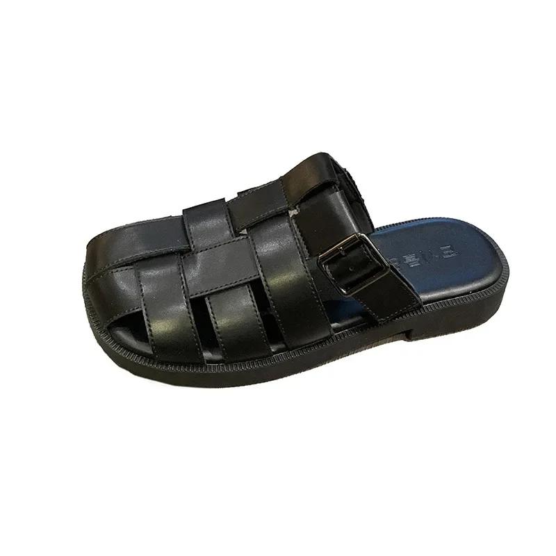 

Модные женские туфли-баотоу с вырезами, весна 2025, на плоской подошве, плетеные, полушлепанцы, ленивые крутые шлепанцы 40 чёрный