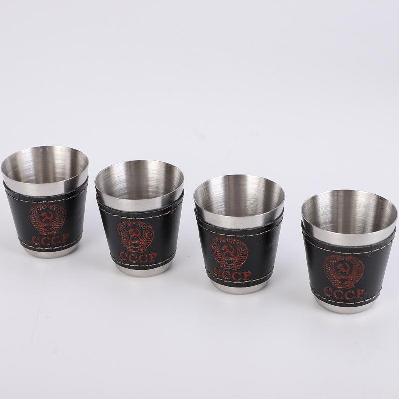 4ks/sada nerezových panáků s koženým pouzdrem Espresso panáky Barové potřeby Nápojový pohár Kempování Domov Restaurace Hrneček