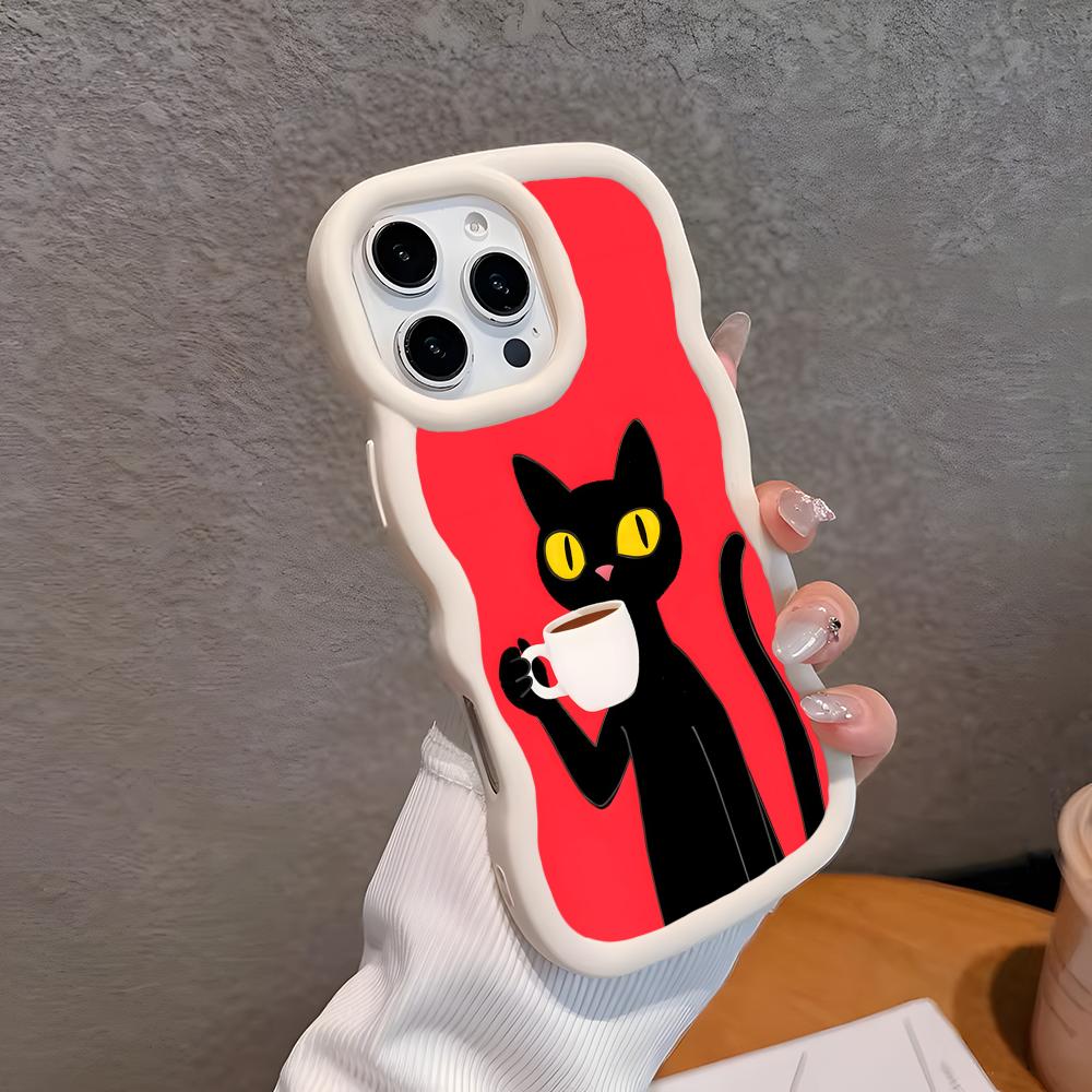 Cute Coffee Cat Wavy Edge TPU Mobile Phone Case for iPhone 17 16 15 14 13 12 11 Air Pro Max Plus Colorful Cover