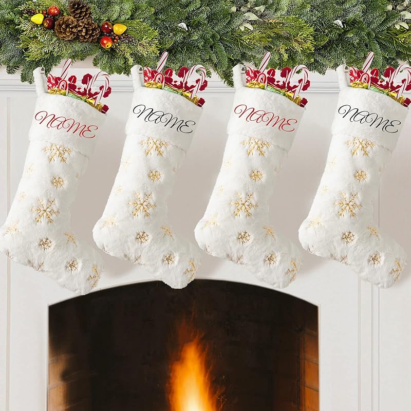 2PCS Plush Christmas Stockings White Faux Fur Large 56cm Deluxe Hanging Xmas Stockings with Silver Sequin Snowflake for Christmas Fireplace