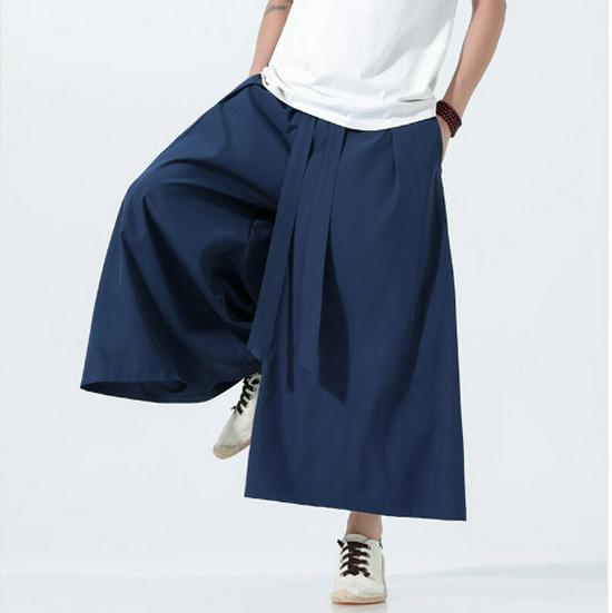 2021 Letní Pánské Retro Čínský Styl Ledové Hedvábí Široké Nohy Ležérní Dlouhé Kalhoty s Páskem, K Dispozici i nadměrné velikosti.