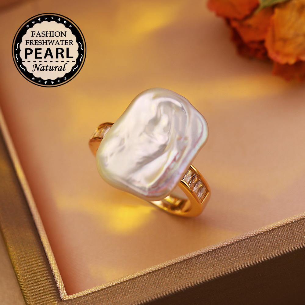 SENIKO 12-16mm Natural Freshwater Pearl Rings For Women Fashion Female Cubic Zirconia CZ Ring Pearl Jewelry Adjustable Ring