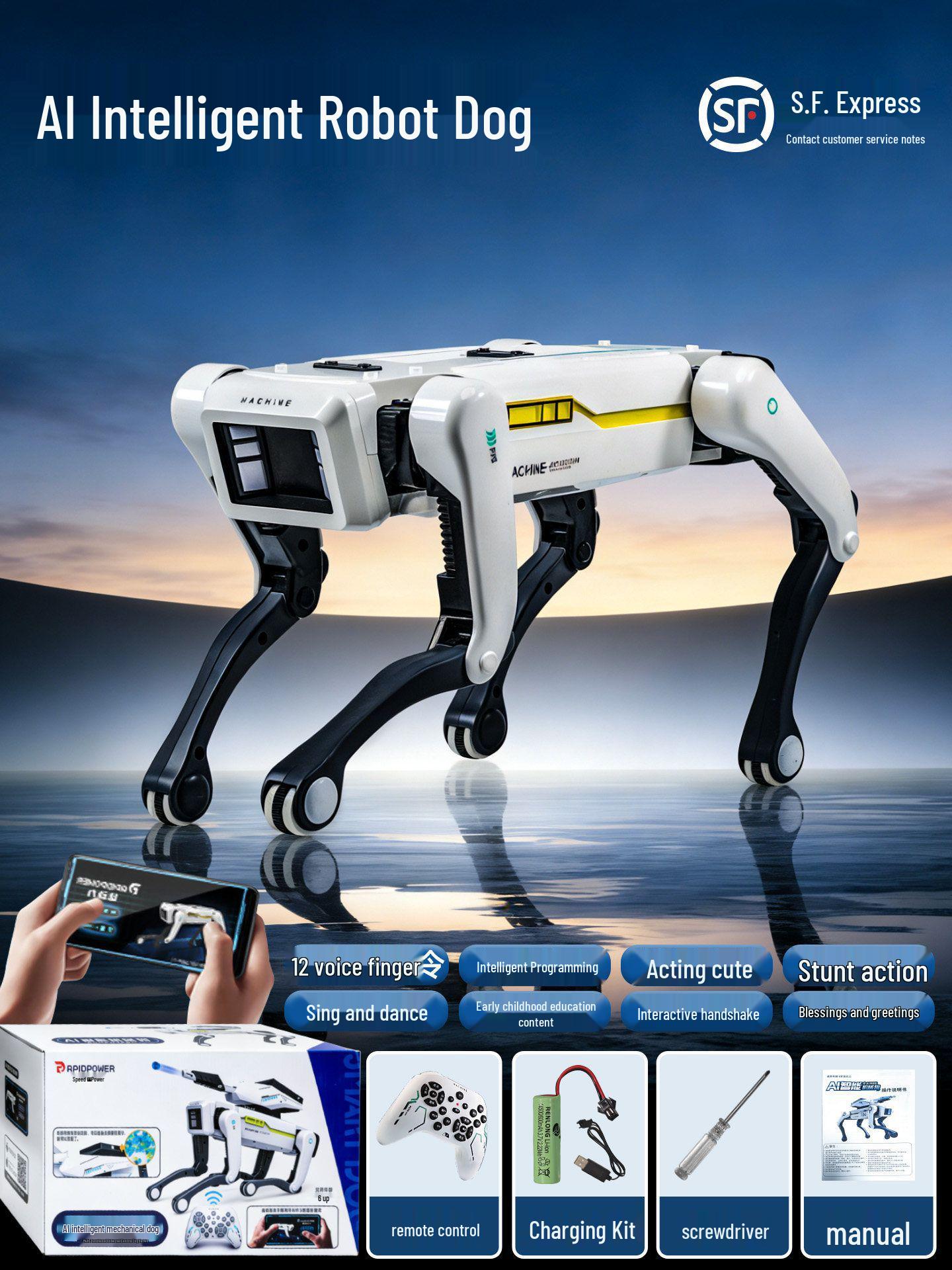 

Smart AI Robot Dog with Voice Dialogue, Remote Control, Call Function, Item Pickup & Cannonball Shooter