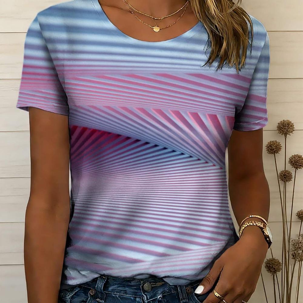 Women's Striped Gradient Casual T-shirt, Fully Printed Seamless Design, Fashionable and Soft,