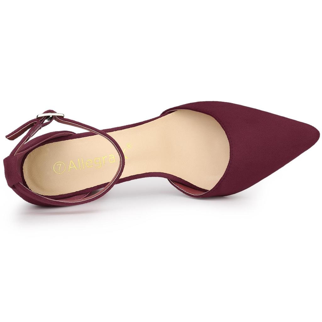 Allegra K Women's Burgundy Ankle Strap Pumps with Pointed Toe and Chunky Heel, Size 26.0cm