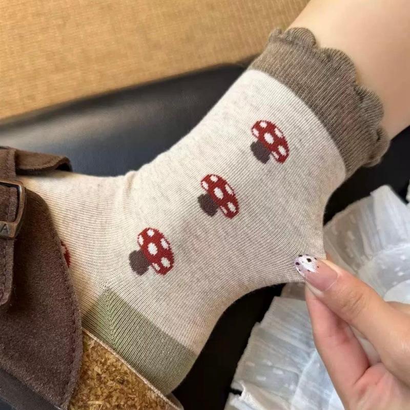 Mica Color Spring Retro Mushroom Mid-calf Pure Cotton Socks for Children