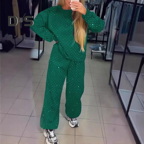 2 Pcs/Set Women Top Pants Suit Round Neck Long Sleeves Rhinestone Decor Sweatshirt Elastic Waist Wide Leg Trousers Daily Wear Sport Outfit Fall