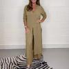 Women's V-Neck Long-Sleeve Slit Top with Wide-Leg Pants - Summer Solid Color Set