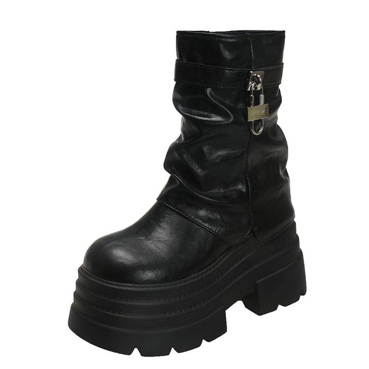 Moda 10CM Inverno Quente Robusto Botas Curtas Mulheres Salto Alto Novos Tênis de Couro de Cano Médio Tendência Fivela Botas de Motociclista Pelo Sapatos de Neve