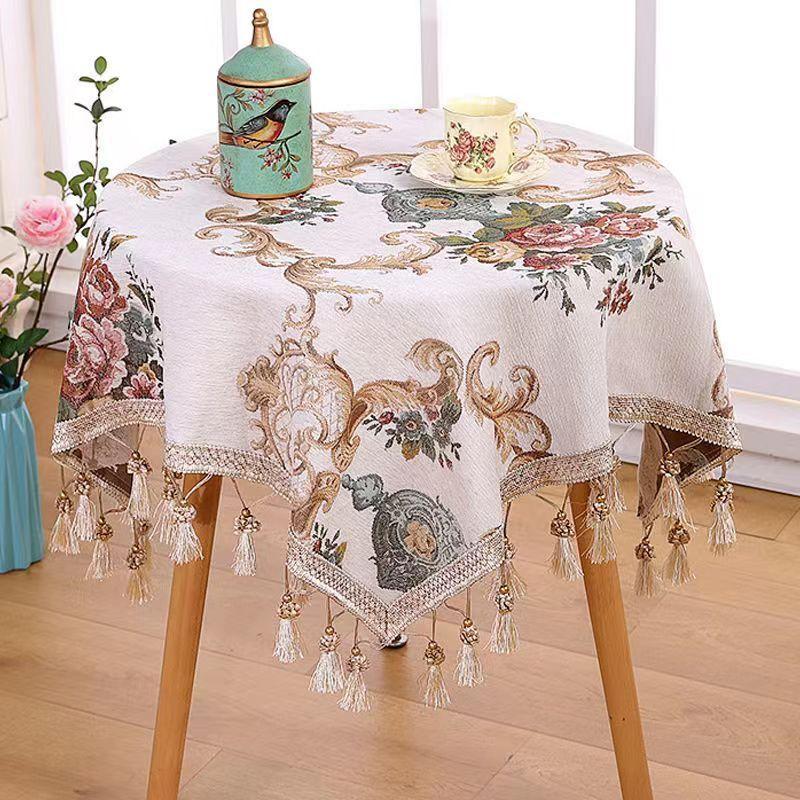 Luxury European Style Round Tablecloth with Tassel Embrodered Table Cover for Wedding Decor Christmas Round Table Cloth