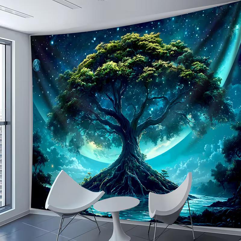 2D Enchanted Forest Tree Tapestry Cosmic Starry Background Cloth